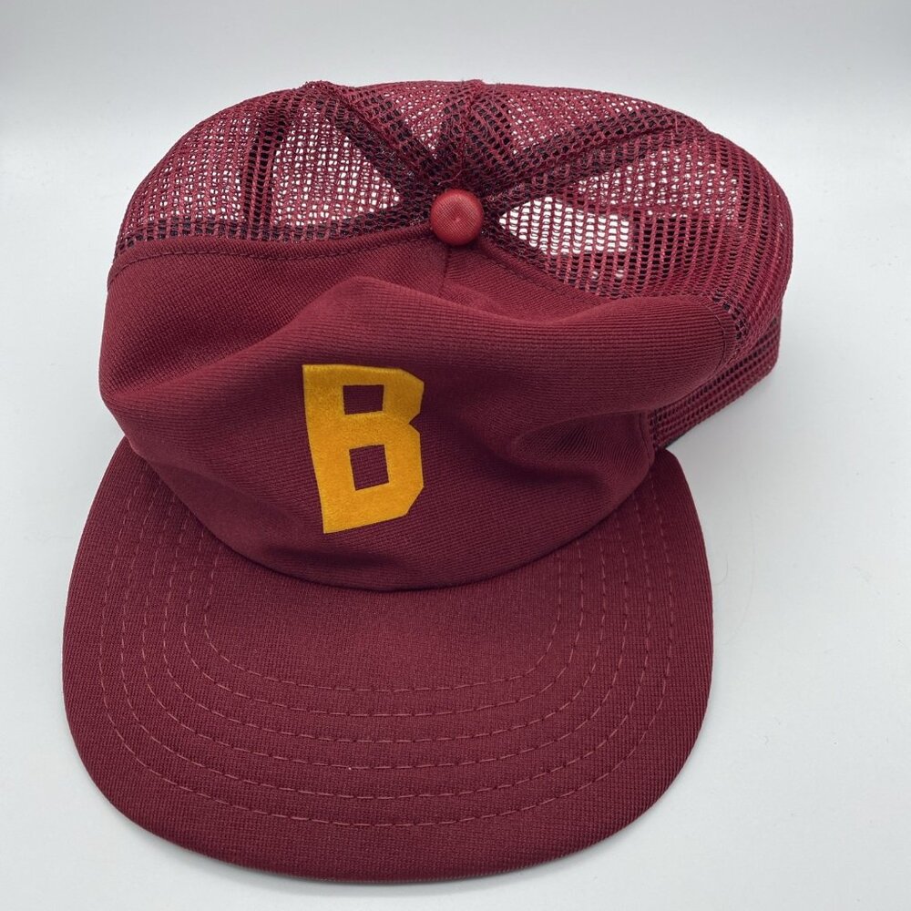 Maroon Cap Yellow B Trucker Hat Snap-back Mesh-back Vintage 90s 80s Made In USA - Picture 10 of 10